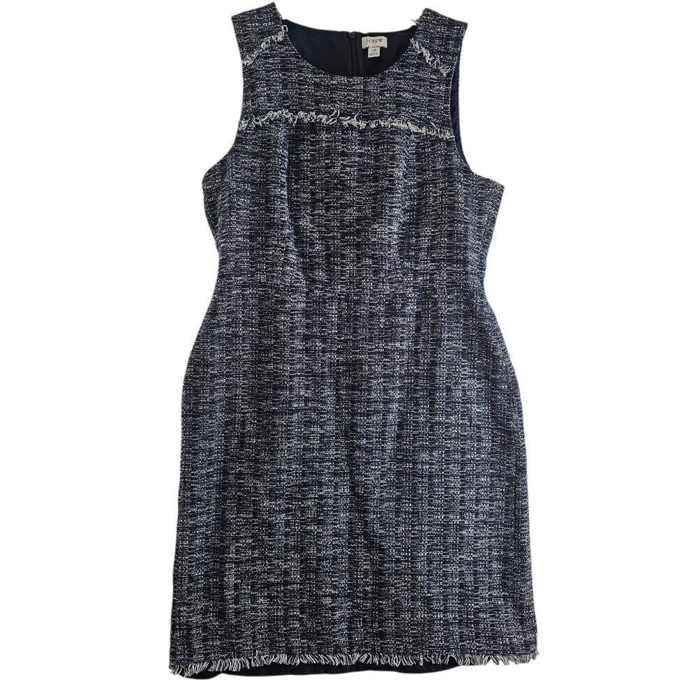 J. Crew Women Tweed Sheath Dress Fringe Sleeveless Size 10 Office Navy Blue